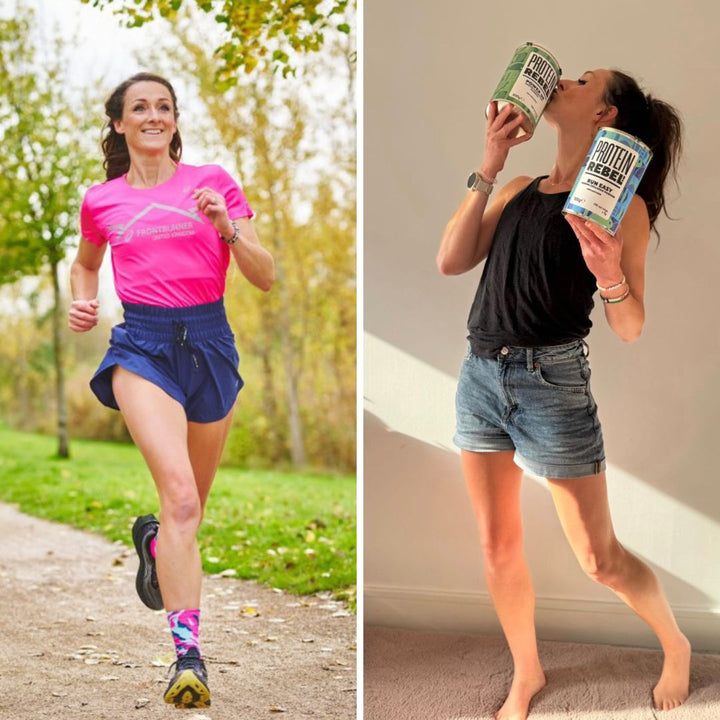 Two images: one of a woman running outdoors and another of a woman holding protein powder containers indoors.