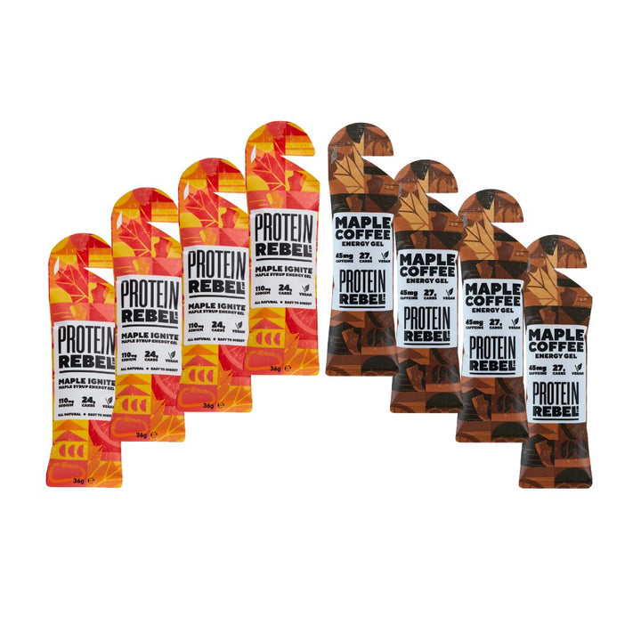 Two sets of Protein Rebel energy gel packages, one in orange and red packaging and the other in brown and black.