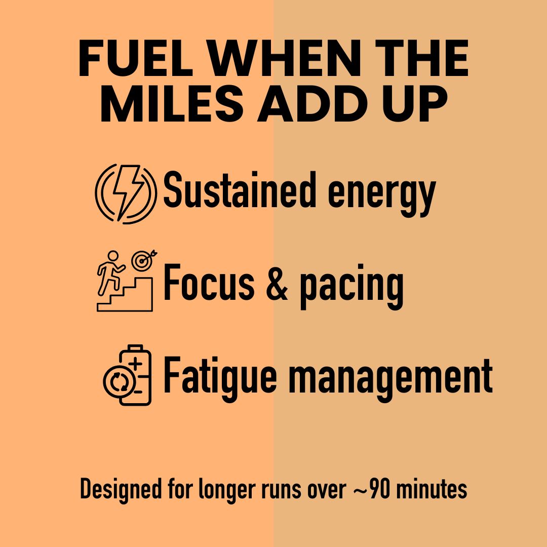 Motivational poster about sustained energy, focus, and fatigue management for longer runs.