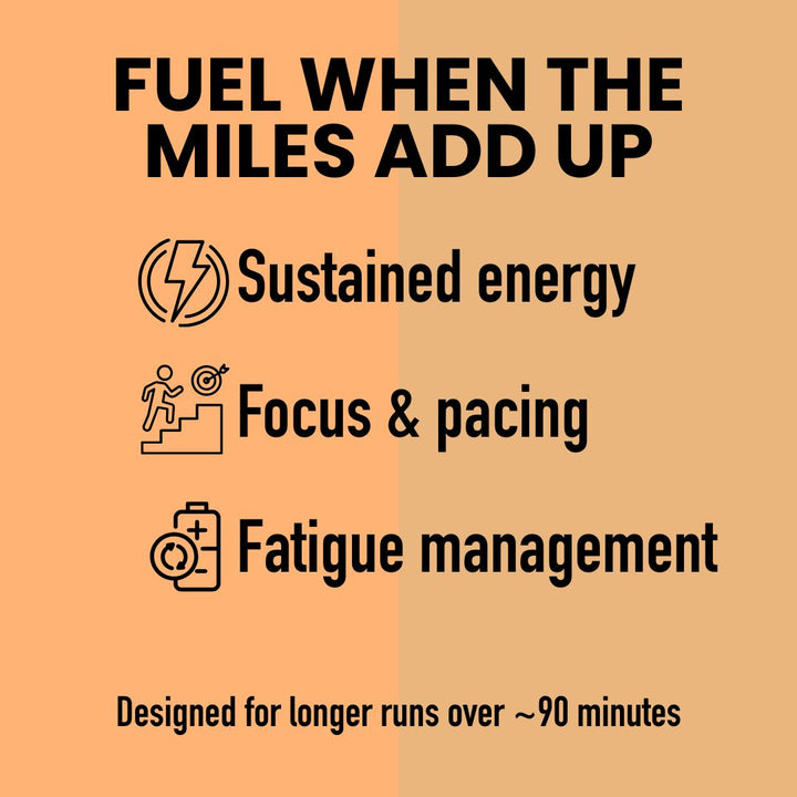 Motivational poster about sustained energy, focus, and fatigue management for longer runs.
