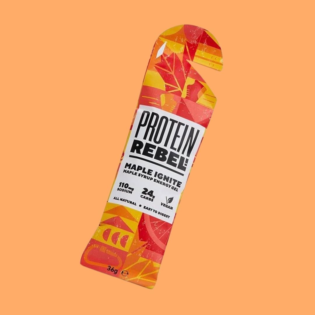Protein Rebel energy gel packaging on an orange background