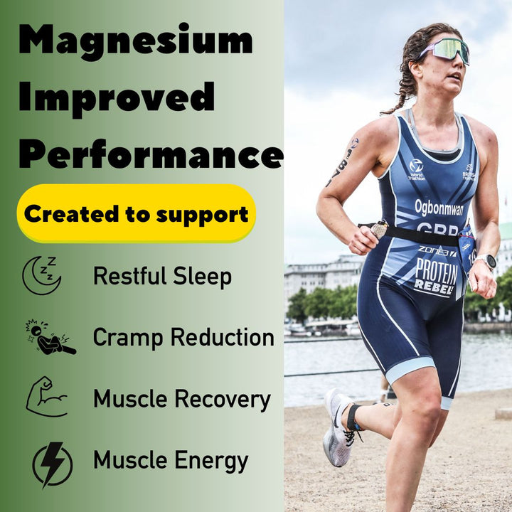 image of female runner with four bullet points showing how it can help your running: restful sleep, cramp reduction, muscle recovery, muscle energy