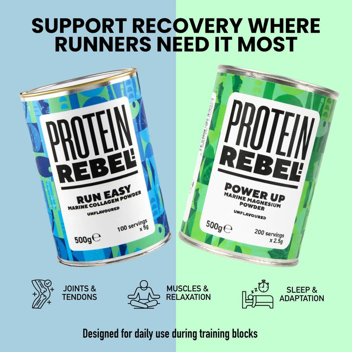 Two cans of Protein Rebel powder with text and icons on a light blue background