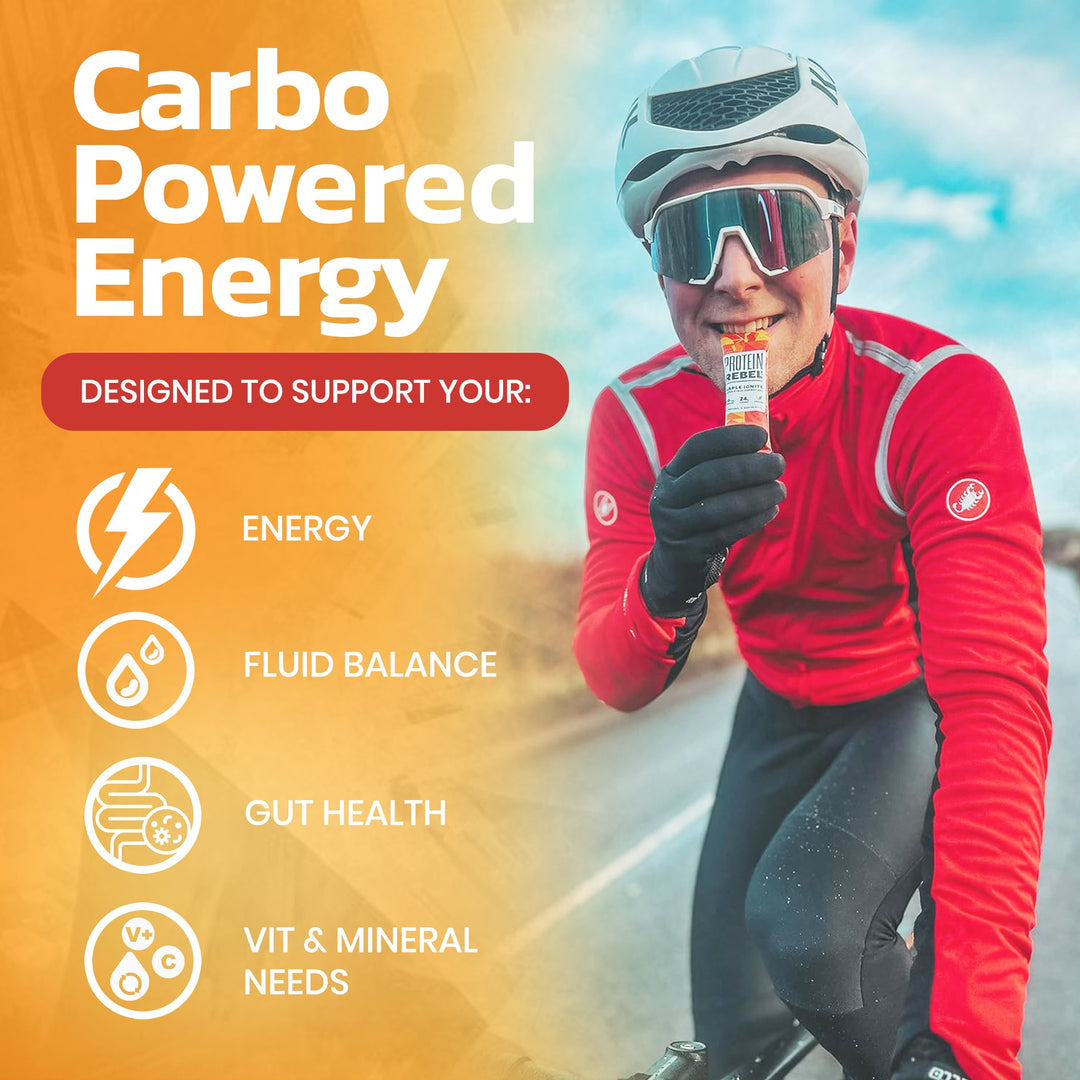 Male cyclist holding a pack of maple ignite in their hand with four bullet points showing how it provides carbo powered energy