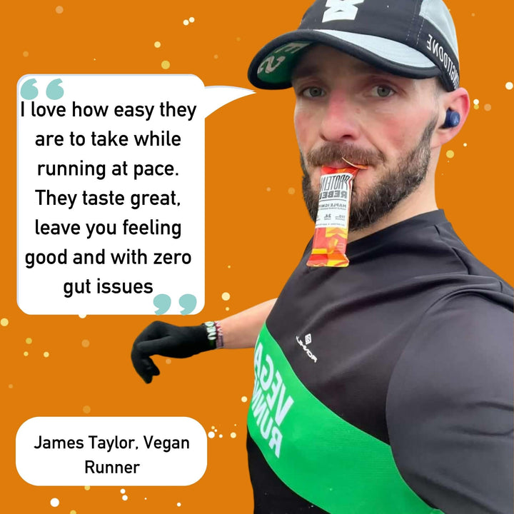 Male runner wearing a vegan runners t-shirt holding a pack of maple ignite between his teeth and a quote saying how tasty it is