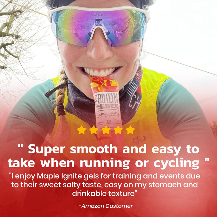 Female cyclist with maple ignite between her teeth and a quote endorsing the product