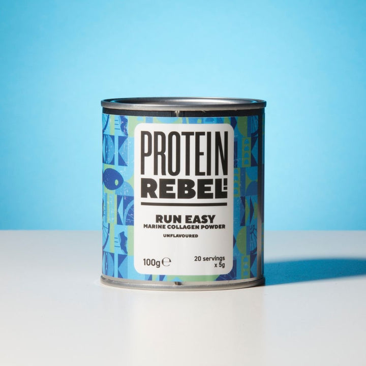 One 100g tin of Run Easy marine collagen peptides protein powder on a blue and grey background
