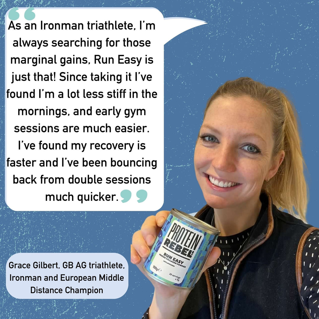 Female GB triathlete holding a small tin of Run Easy with a quote from her saying that this product is providing her with marginal gains