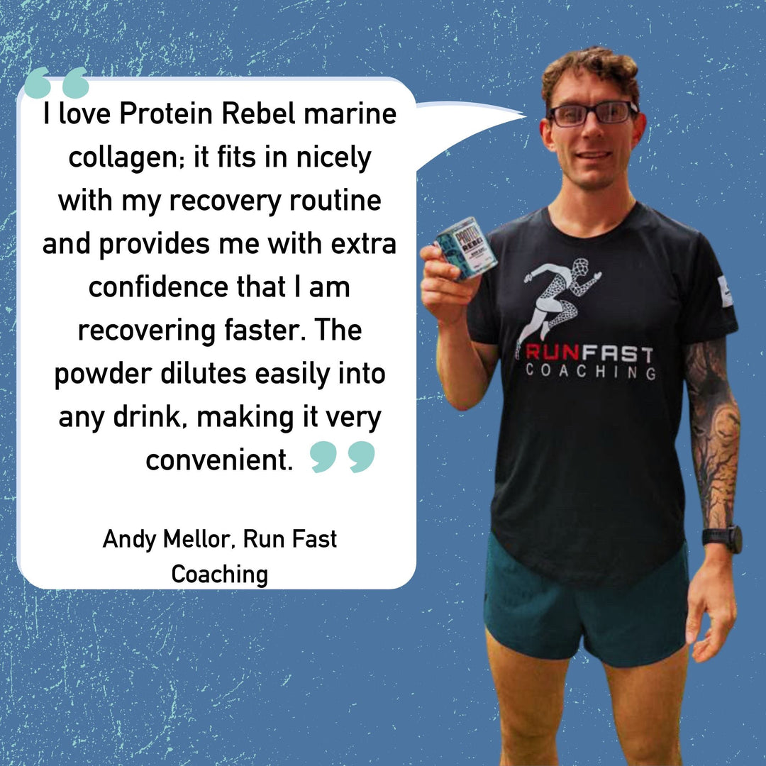 Male running coach holding a small tin of Run Easy saying how it helps with his recovery routine