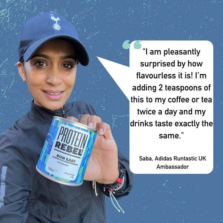 Female runner holding a small tin of Run Easy and a quote from her saying how flavourless it is
